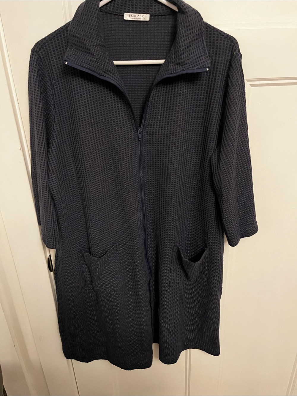 Ekouaer Women's Navy Zip-Front Waffle Knit Long Jacket